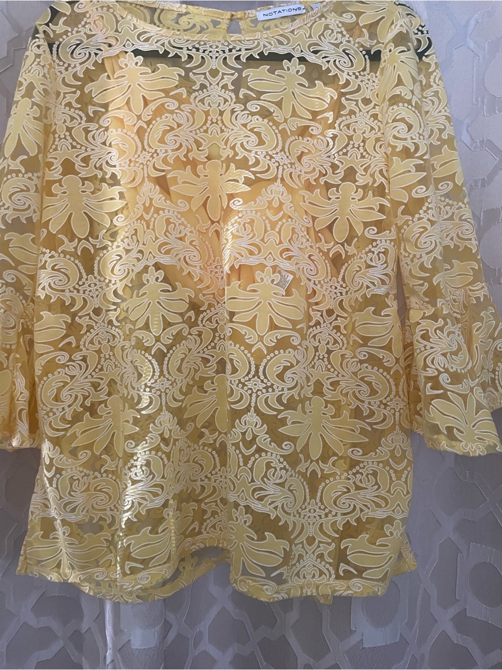 Notations Yellow Lace Overlay Top with Floral Paisley Motif